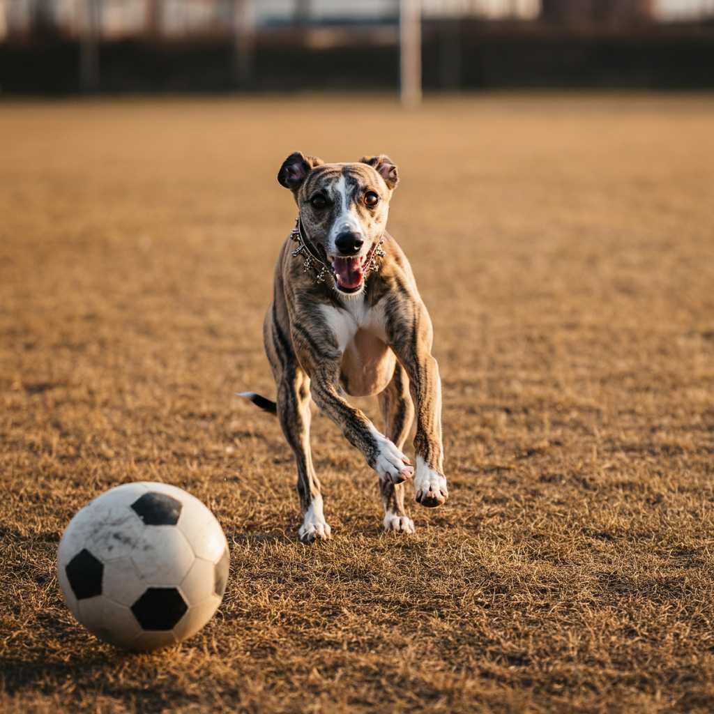 Whippet 7 Whippet corriendo tras un balón de fútbol en un campo.