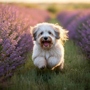Bichón Habanero corriendo por un campo de lavanda al atardecer.