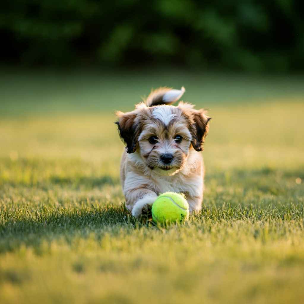 Cachorro de Bichón Habanero jugando con una pelota amarilla en el césped.