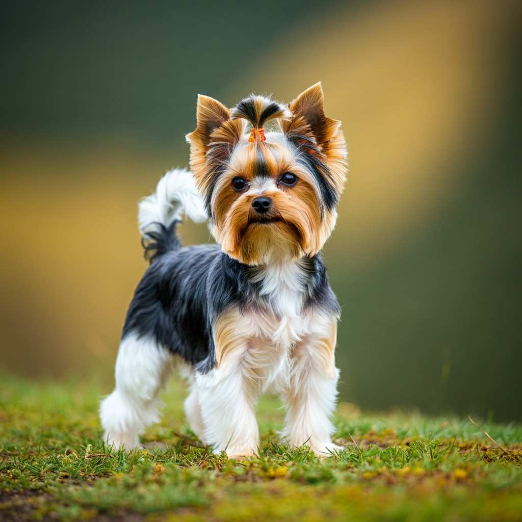 Biewer Terrier 7 Biewer Terrier de pie en un campo verde con fondo natural.
