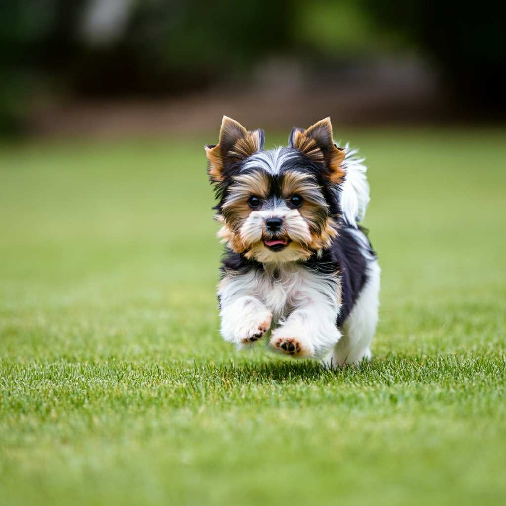 Biewer Terrier 10 Biewer Terrier corriendo sobre césped verde.