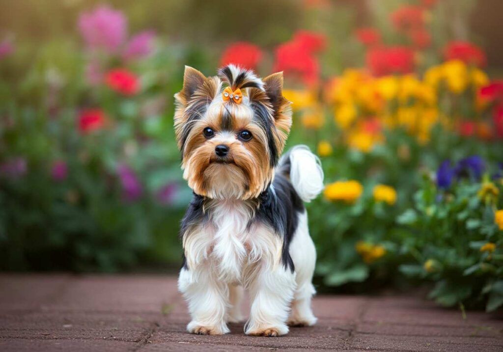 Biewer Terrier 1 Biewer Terrier posando entre flores coloridas.