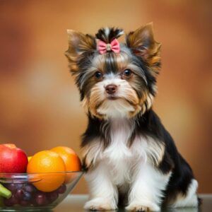 Biewer Terrier 5 Biewer Terrier con lazo rosa junto a un tazón de frutas.