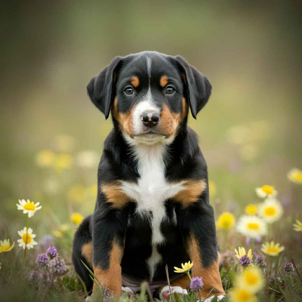 Cachorro de Boyero de Appenzell sentado entre flores silvestres.