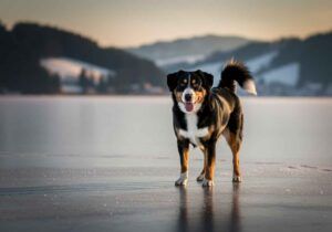 Boyero de Appenzell de pie sobre un lago congelado al atardecer.