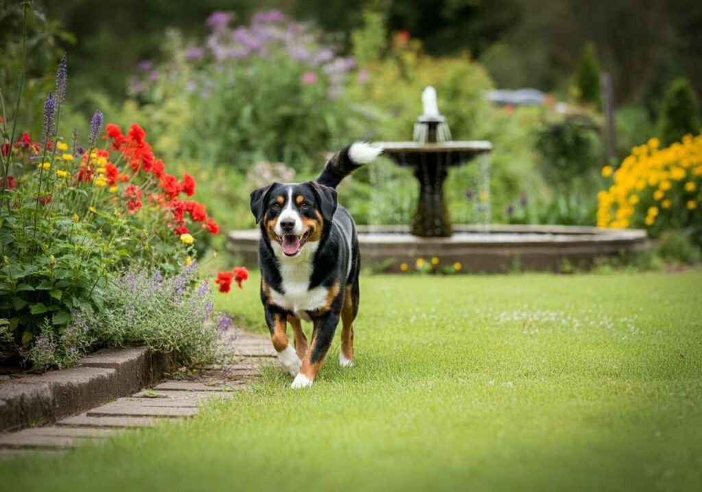 Boyero de Appenzell caminando por un jardín con flores y una fuente.