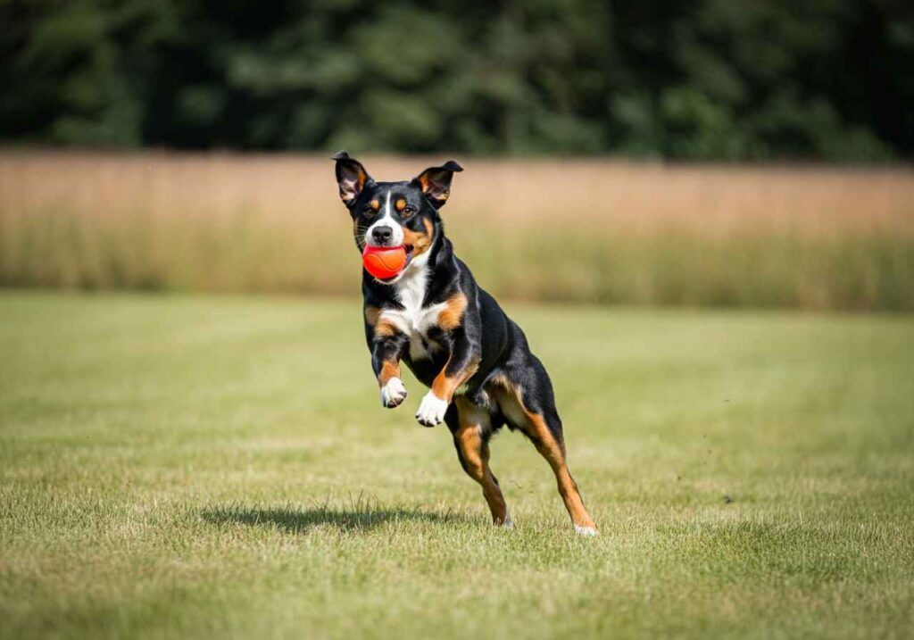 Boyero de Appenzell saltando con una pelota roja en el césped.