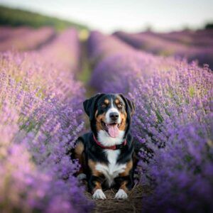 Boyero de Appenzell acostado entre campos de lavanda.