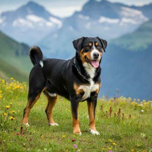 Boyero de Appenzell de pie sobre un campo florido con montañas al fondo.