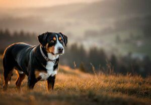 Boyero de Appenzell en un campo al atardecer con un fondo de colinas.
