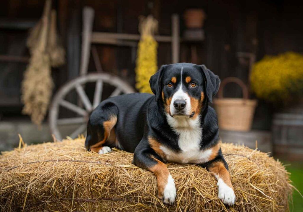 Boyero de Appenzell descansando sobre un montón de paja en una granja.