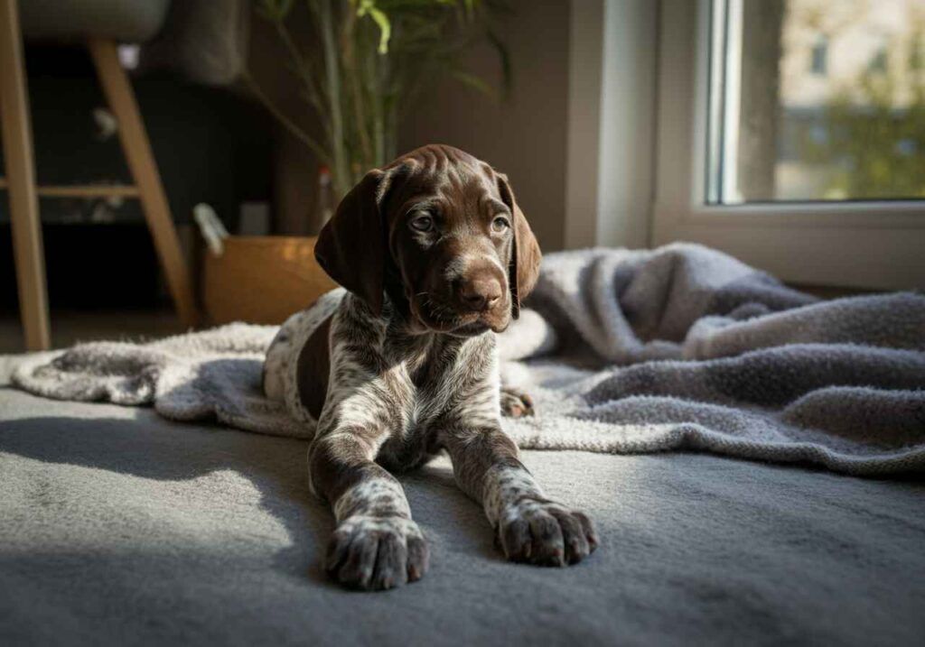 Braco Alemán de Pelo Corto 10 Cachorro de Braco Alemán relajándose en el interior de una casa.