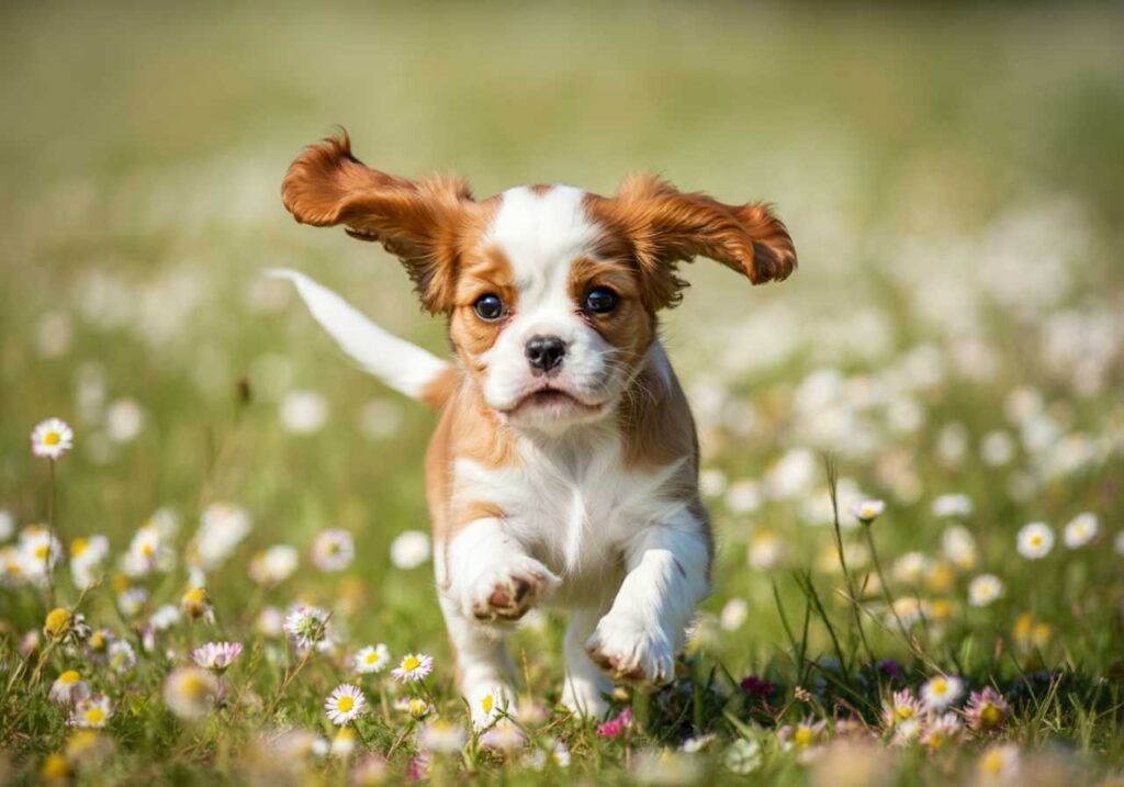 Cavalier King Charles Spaniel 11 Cachorro de Cavalier King Charles Spaniel corriendo en un campo lleno de margaritas.