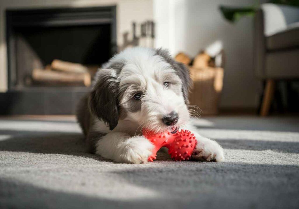 Collie Barbudo 10 Cachorro de Collie Barbudo mordiendo un juguete rojo dentro de casa.