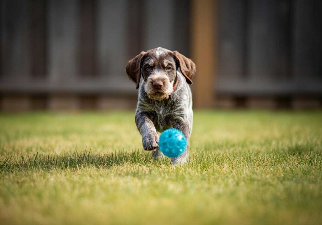Cachorro de Drathaar persiguiendo una pelota azul en el césped.