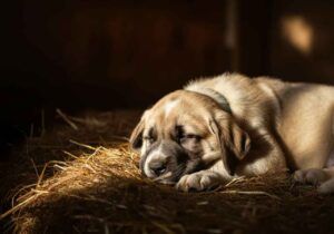 Cachorro de Kangal dormido sobre paja en un ambiente cálido.