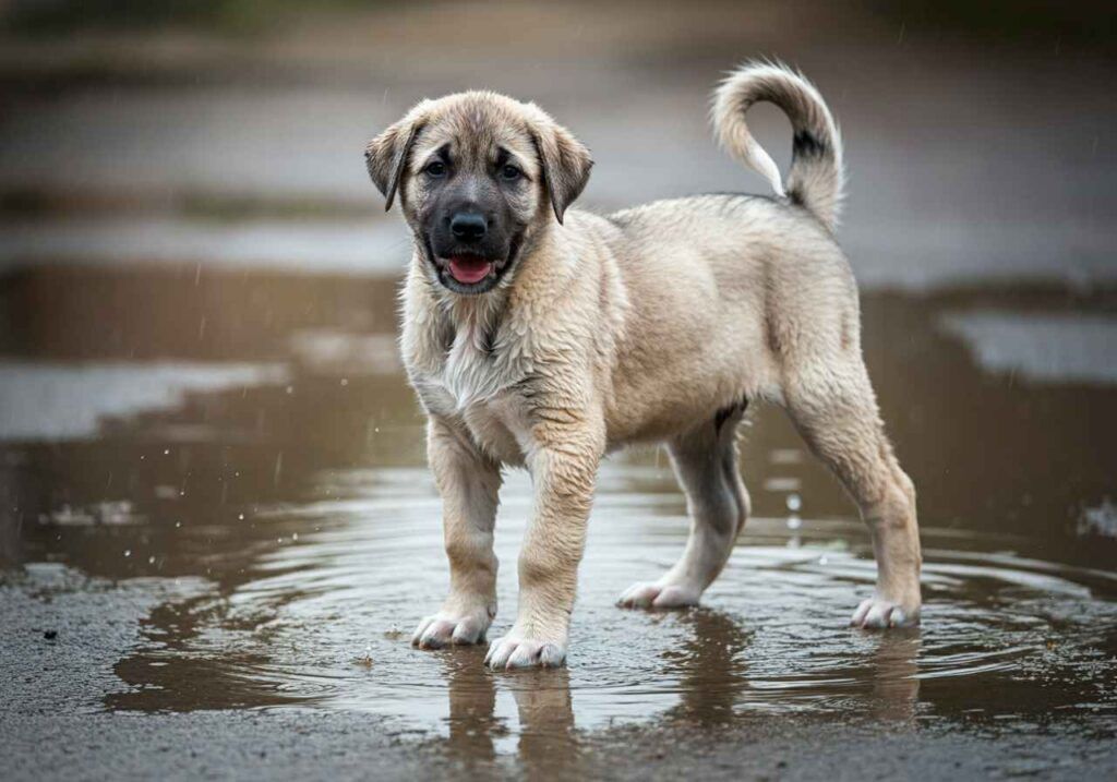 Cachorro de Kangal jugando en un charco bajo la lluvia.