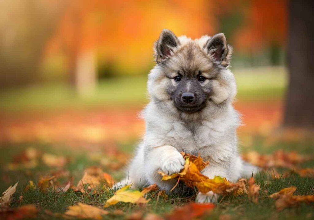 Cachorro de Keeshond jugando con hojas en otoño.
