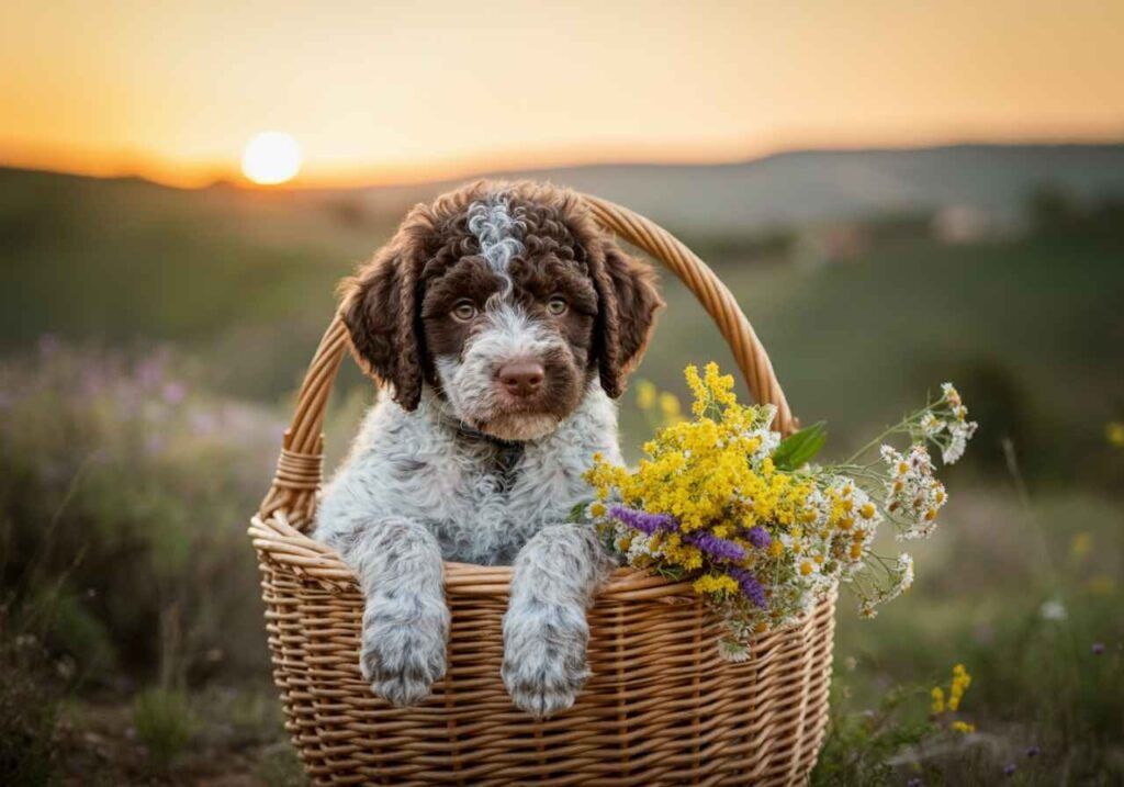 Lagotto Romagnolo 10 Cachorro de Lagotto Romagnolo dentro de una cesta con flores silvestres al atardecer.