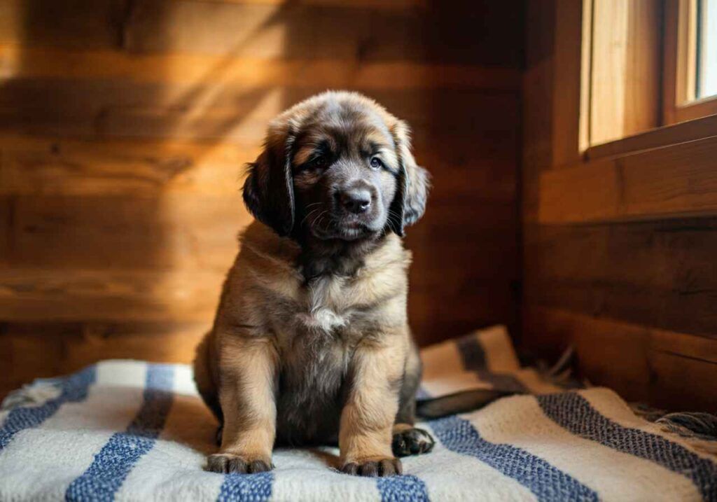 Cachorro de Leonberger sentado en una cabaña de madera.