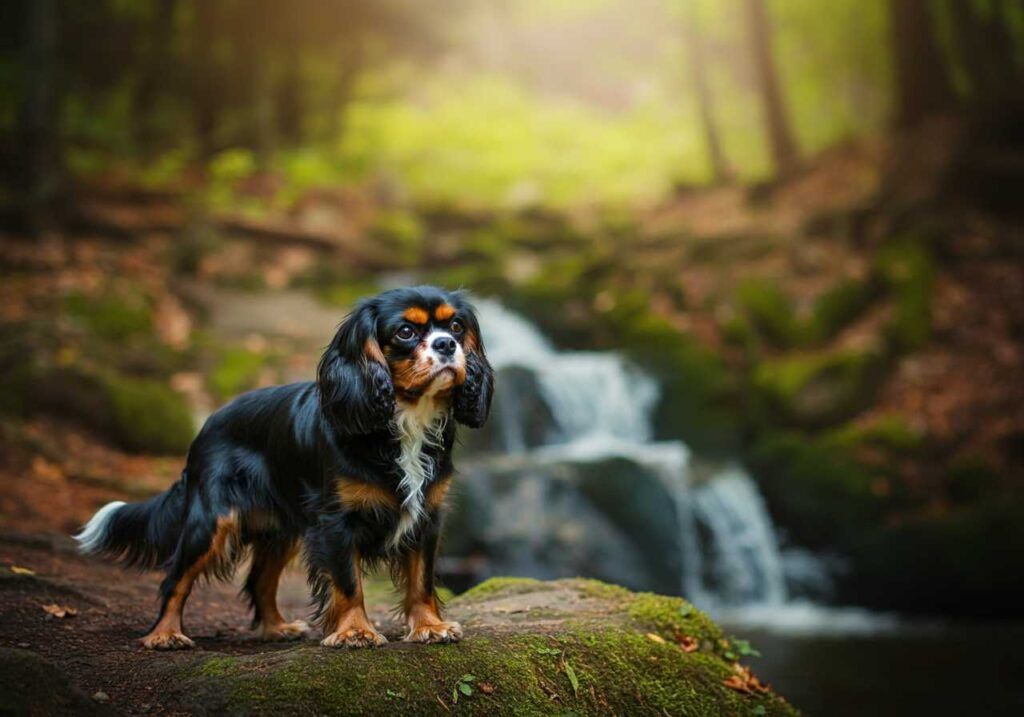 Cavalier King Charles Spaniel 7 Cavalier King Charles Spaniel negro y fuego junto a una cascada en el bosque.