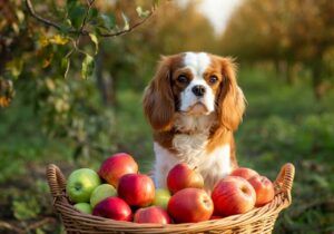 Cavalier King Charles Spaniel 9 Cavalier King Charles Spaniel sentado junto a una cesta de manzanas.