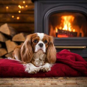 Cavalier King Charles Spaniel 2 Cavalier King Charles Spaniel relajado frente a una chimenea encendida.
