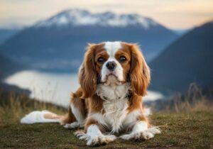 Cavalier King Charles Spaniel 5 Cavalier King Charles Spaniel tumbado frente a un paisaje montañoso.