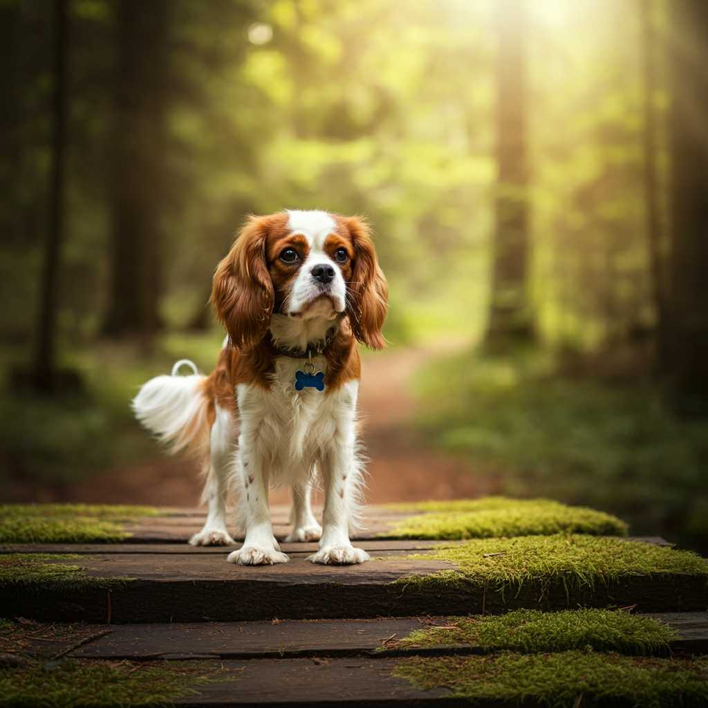 Cavalier King Charles Spaniel 10 Cavalier King Charles Spaniel caminando por un puente en el bosque.