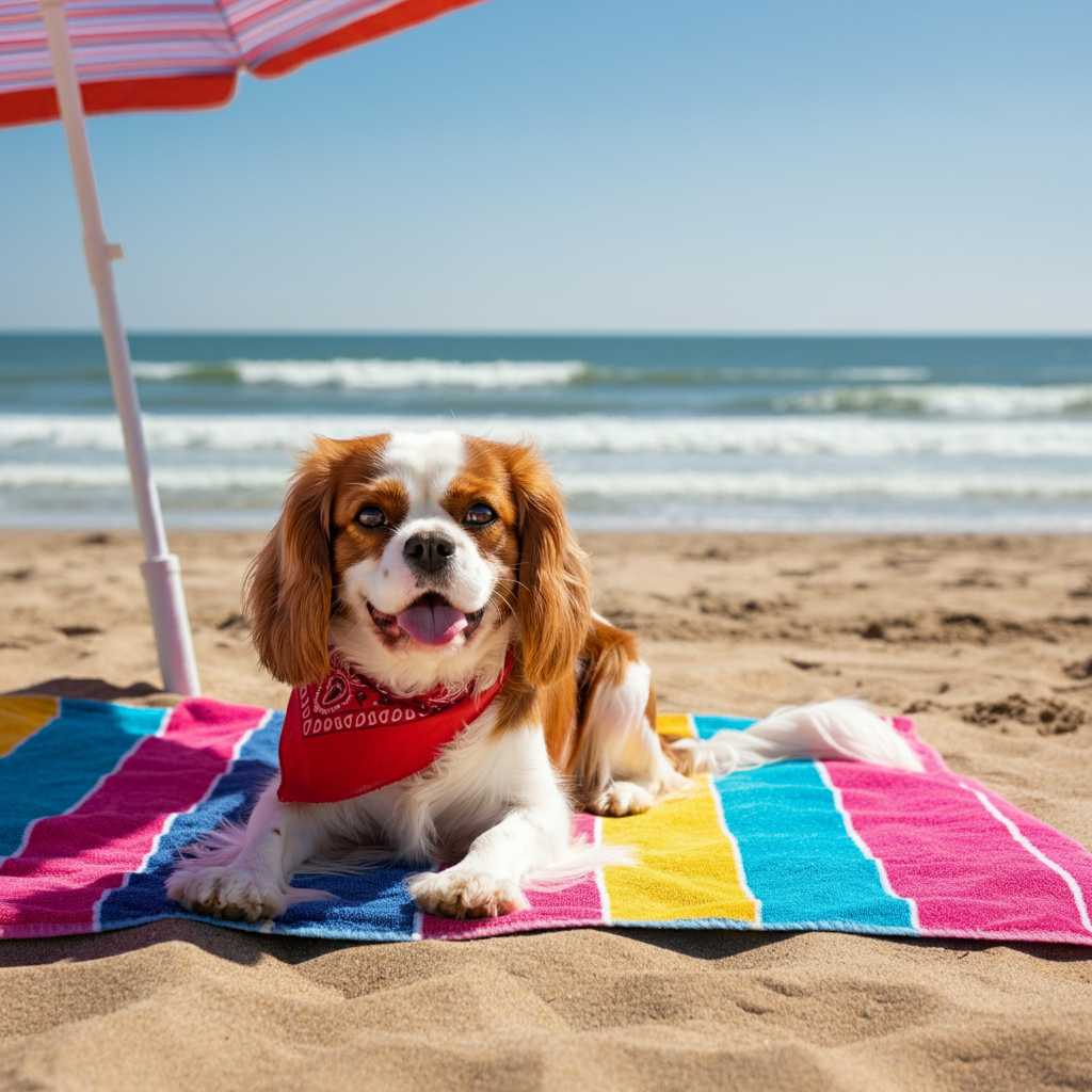 Cavalier King Charles Spaniel 6 Cavalier King Charles Spaniel descansando bajo una sombrilla en la playa.