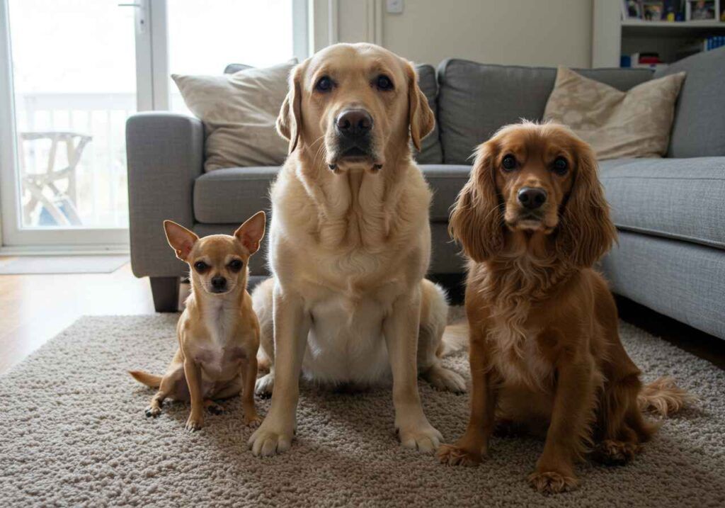 Las razas de perro más populares en España del 2025 3 Chihuahua, Labrador y Cocker Spaniel posando juntos en una sala de estar.