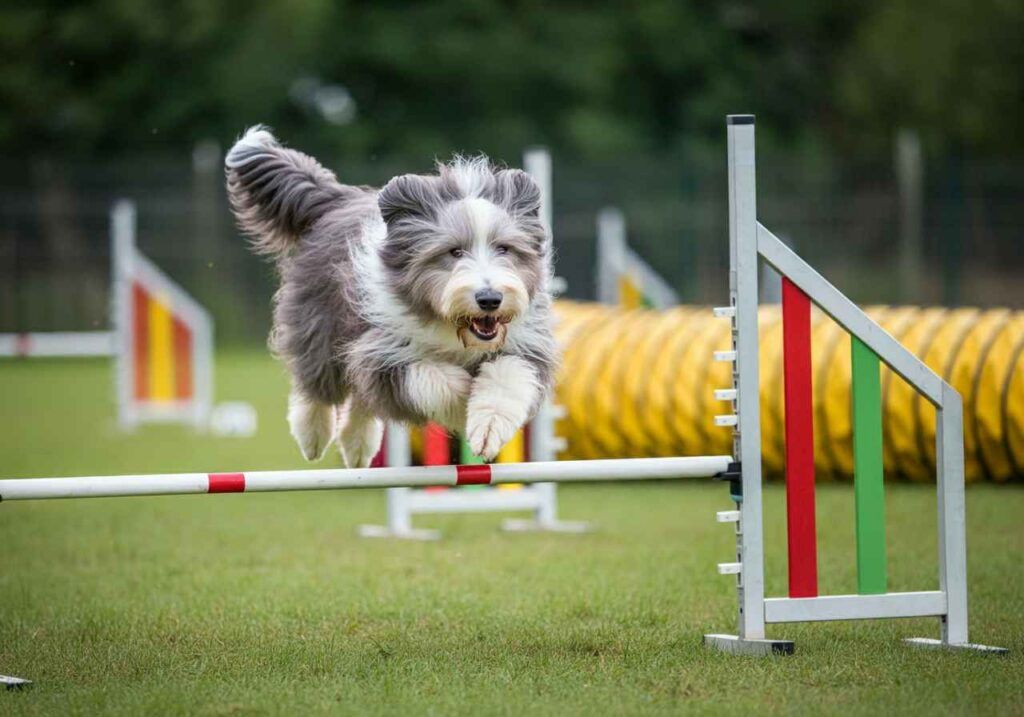 Collie Barbudo 6 Collie Barbudo saltando sobre un obstáculo en una pista de agilidad.