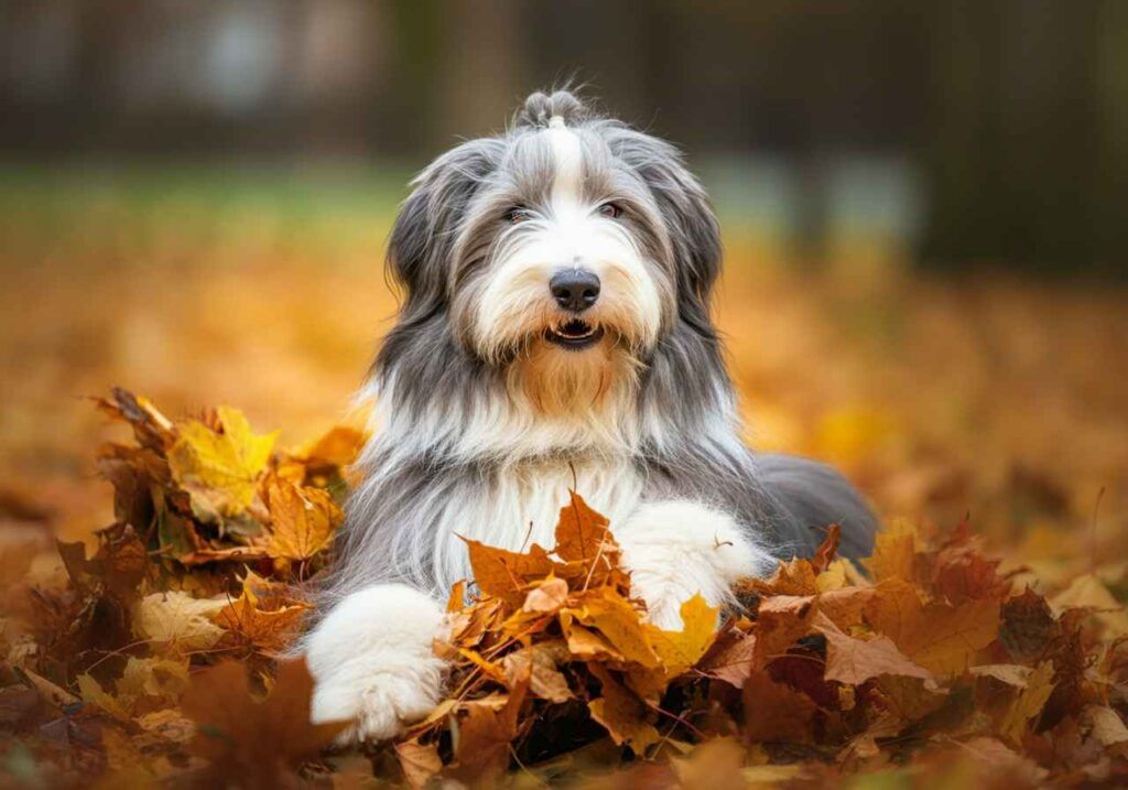 Collie Barbudo 5 Collie Barbudo rodeado de hojas de otoño caídas.