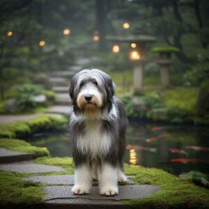 Collie Barbudo 2 Collie Barbudo en un jardín japonés con estanque y linternas.