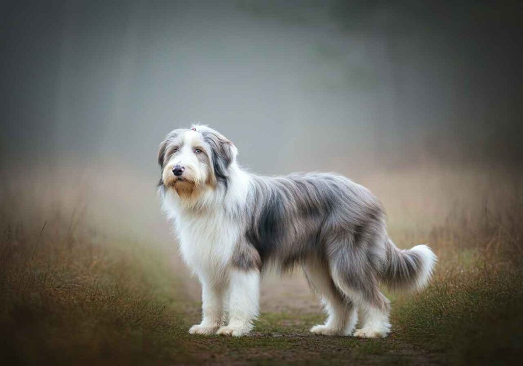 Collie Barbudo 1 Collie Barbudo parado en un camino con niebla.