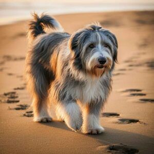 Collie Barbudo 4 Collie Barbudo caminando por la playa al atardecer.