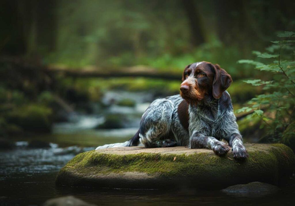 Drathaar descansando sobre una roca en un río rodeado de naturaleza.