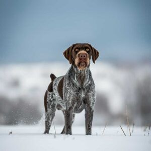 Perro Drathaar parado en un campo nevado mirando al frente.