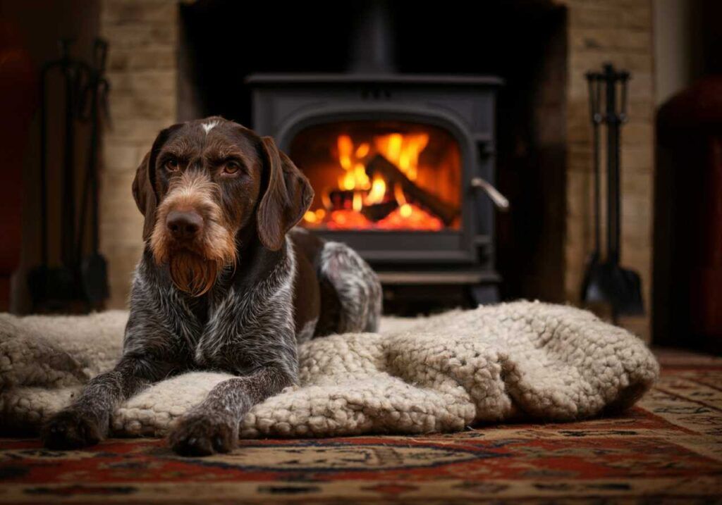 Drathaar descansando frente a una chimenea encendida en un ambiente acogedor.
