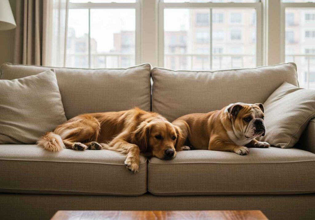 Las razas de perro más populares en España del 2025 2 Golden Retriever y Bulldog Inglés descansando juntos en un sofá beige.