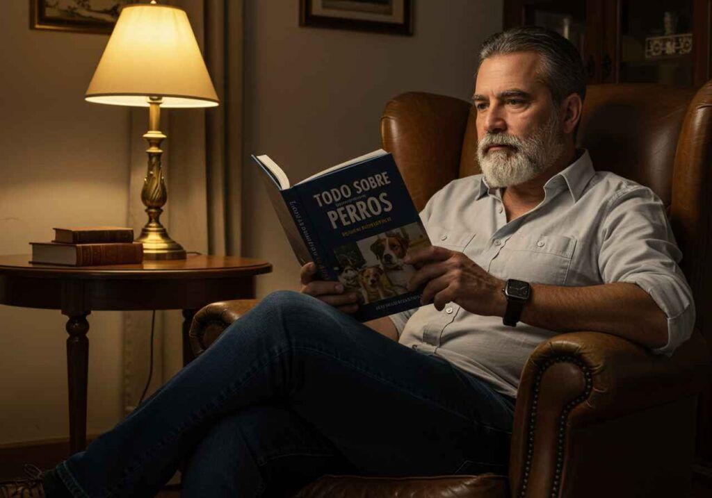 Las razas de perro más populares en España del 2025 7 Hombre maduro leyendo un libro titulado "Todo sobre perros" en una sala acogedora.