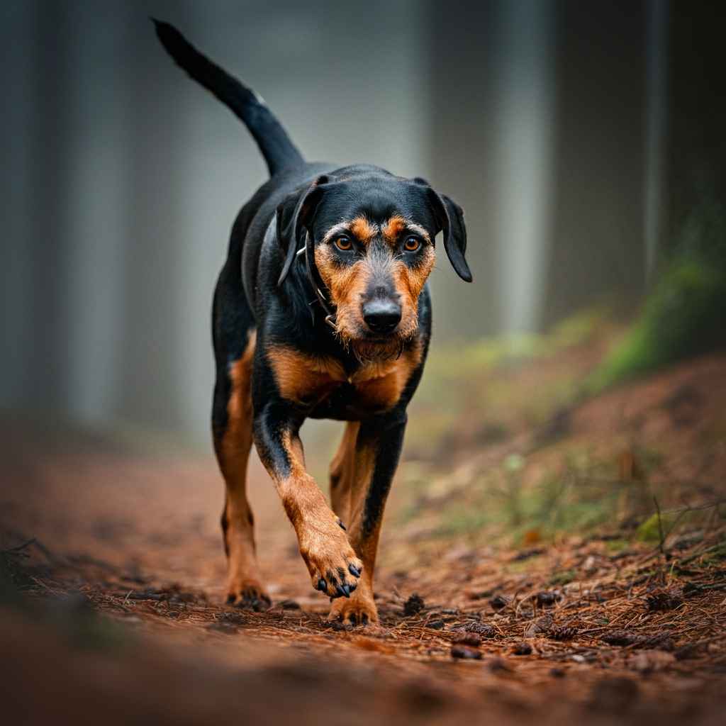 Jagdterrier Alemán 3 Jagdterrier Alemán caminando en un sendero con niebla.