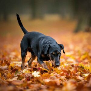 Jagdterrier Alemán 8 Jagdterrier Alemán explorando hojas en otoño.