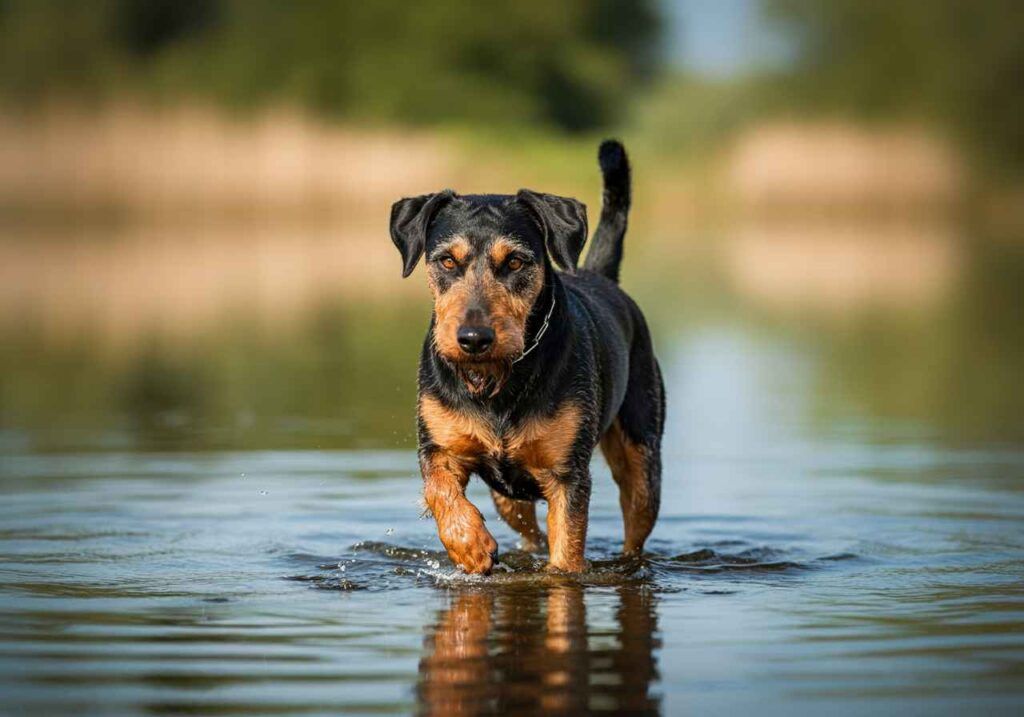 Jagdterrier Alemán 9 Jagdterrier Alemán caminando por un río poco profundo.