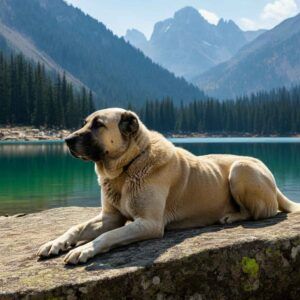 Perro Kangal tumbado frente a un lago con montañas al fondo.