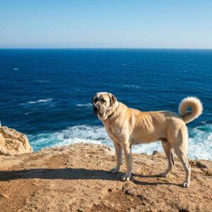 Perro Kangal de pie sobre un acantilado con vista al océano azul.