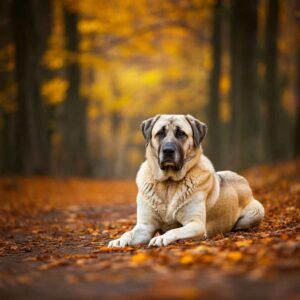 Perro Kangal tumbado en un camino cubierto de hojas en un bosque otoñal.