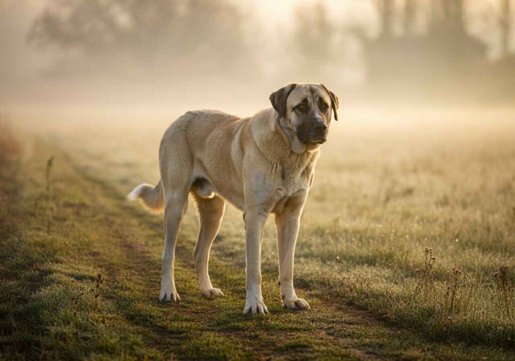 Perro Kangal de pie en un campo cubierto de niebla.
