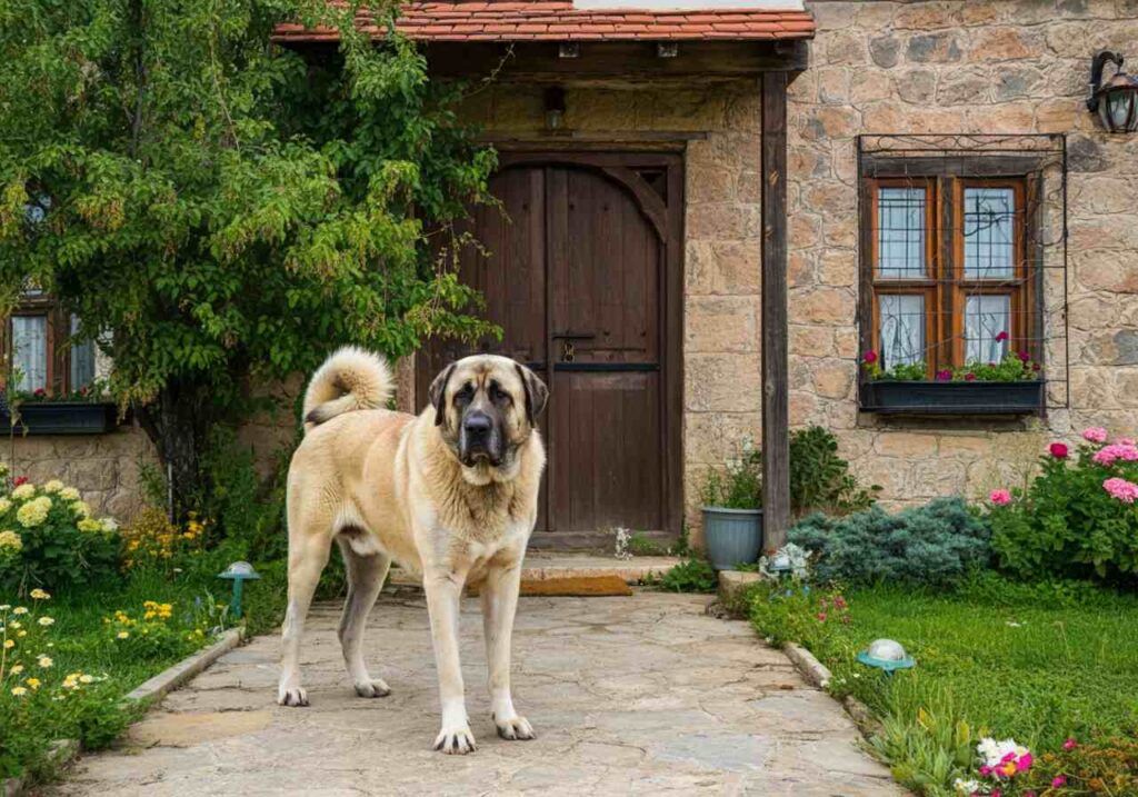 Perro Kangal de pie frente a una casa rural con jardín.