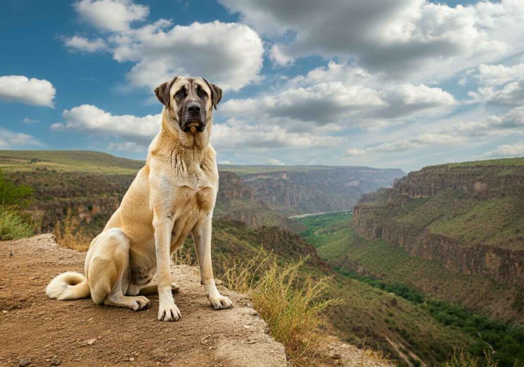 Perro Kangal sentado en un acantilado con un cañón de fondo.